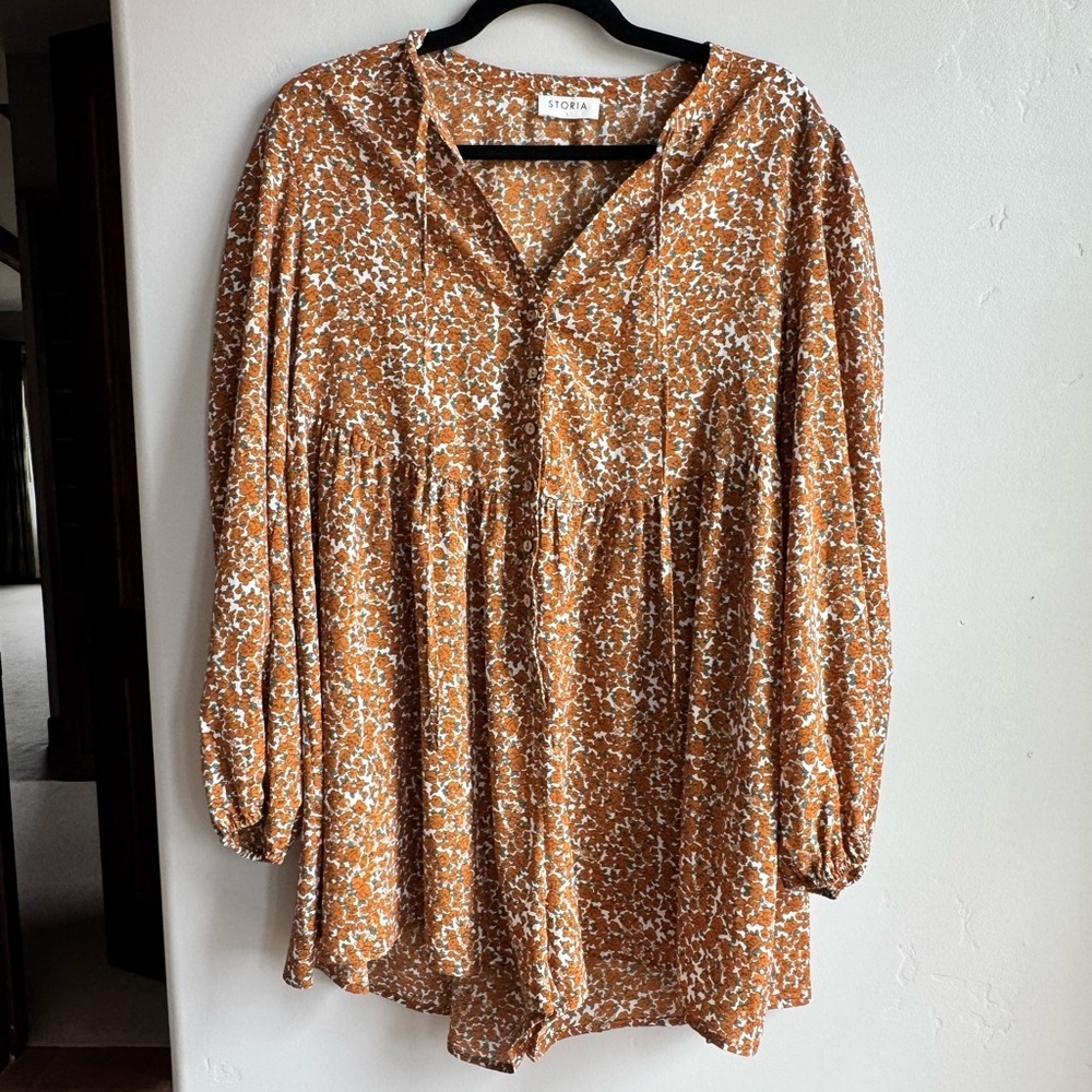 Storia Rust Floral Long Sleeve Romper Retro Pattern L Bohemian Cottagecore